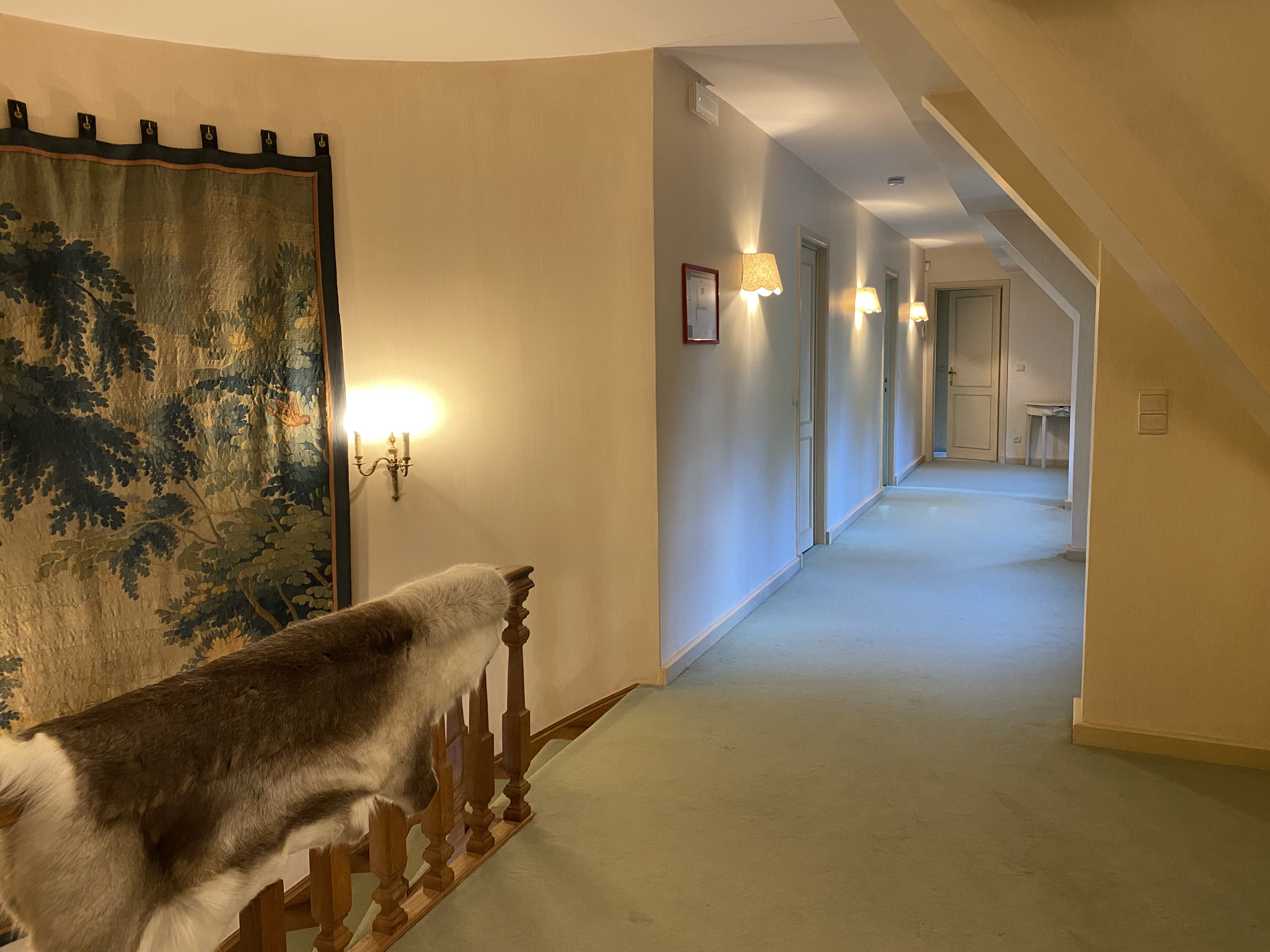 Couloir à l'étage avec moquette verte et éclairage chaleureux