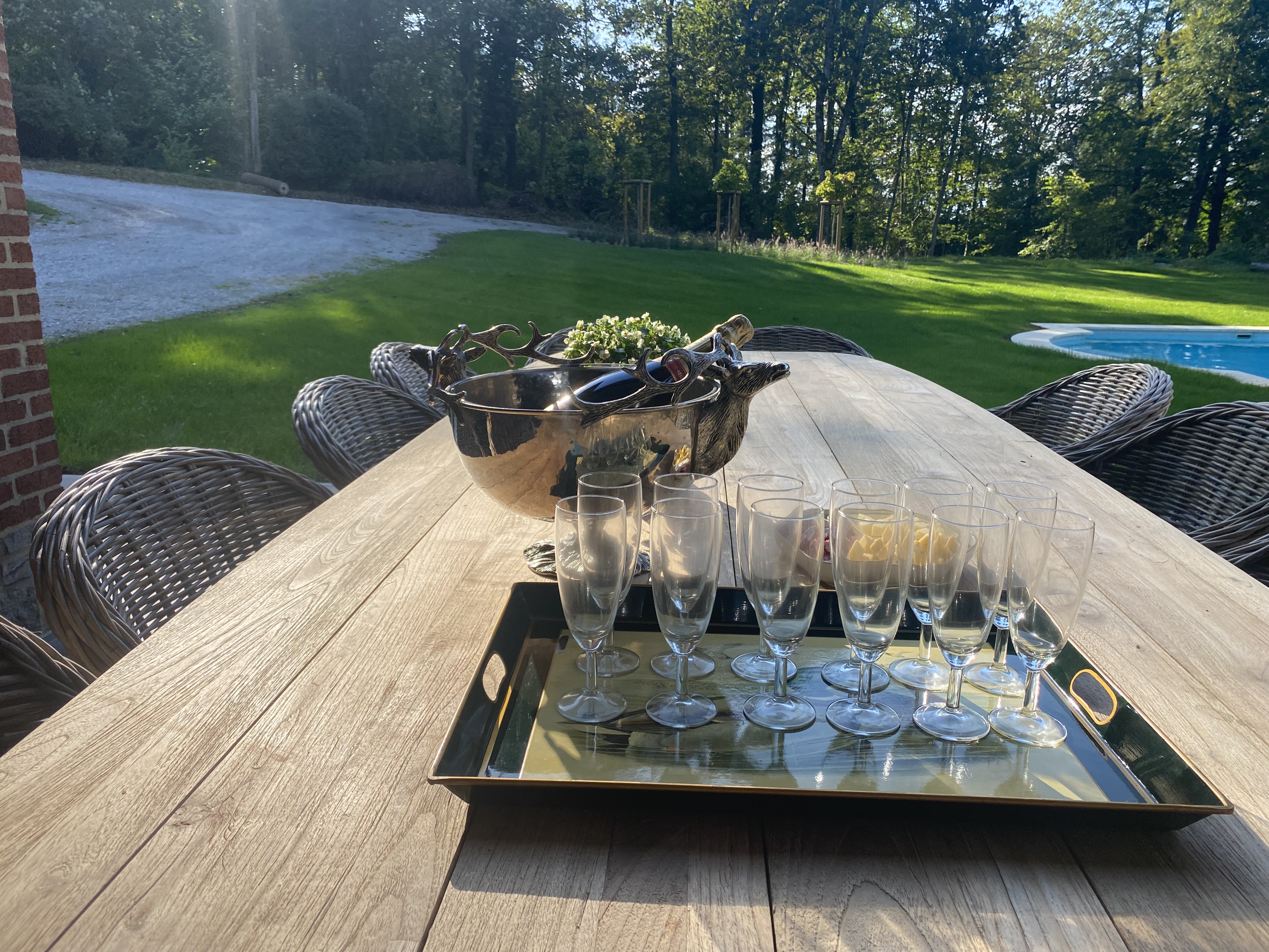 Table en bois sur la terrasse avec seau à champagne et vue sur le jardin